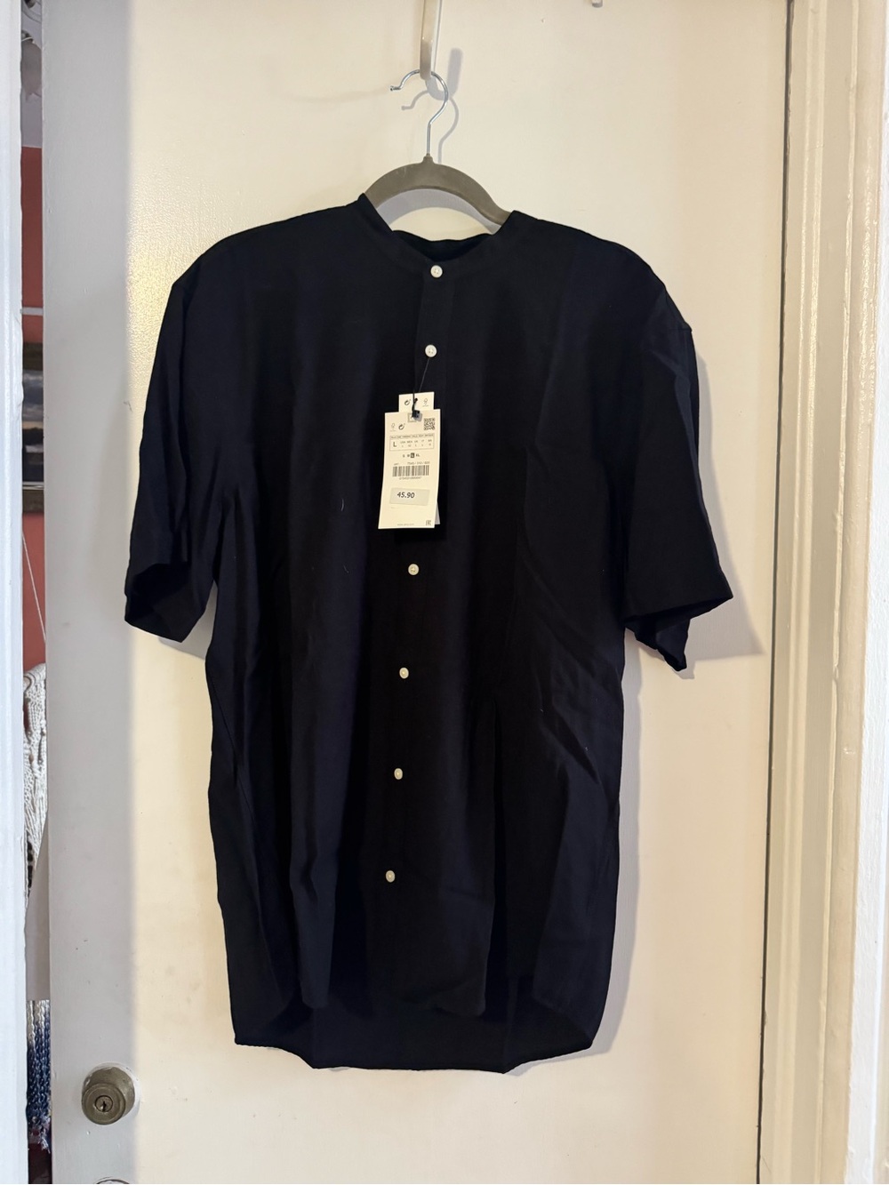 Zara Men's Black Band-Collar Short-Sleeve Button-Down Shirt